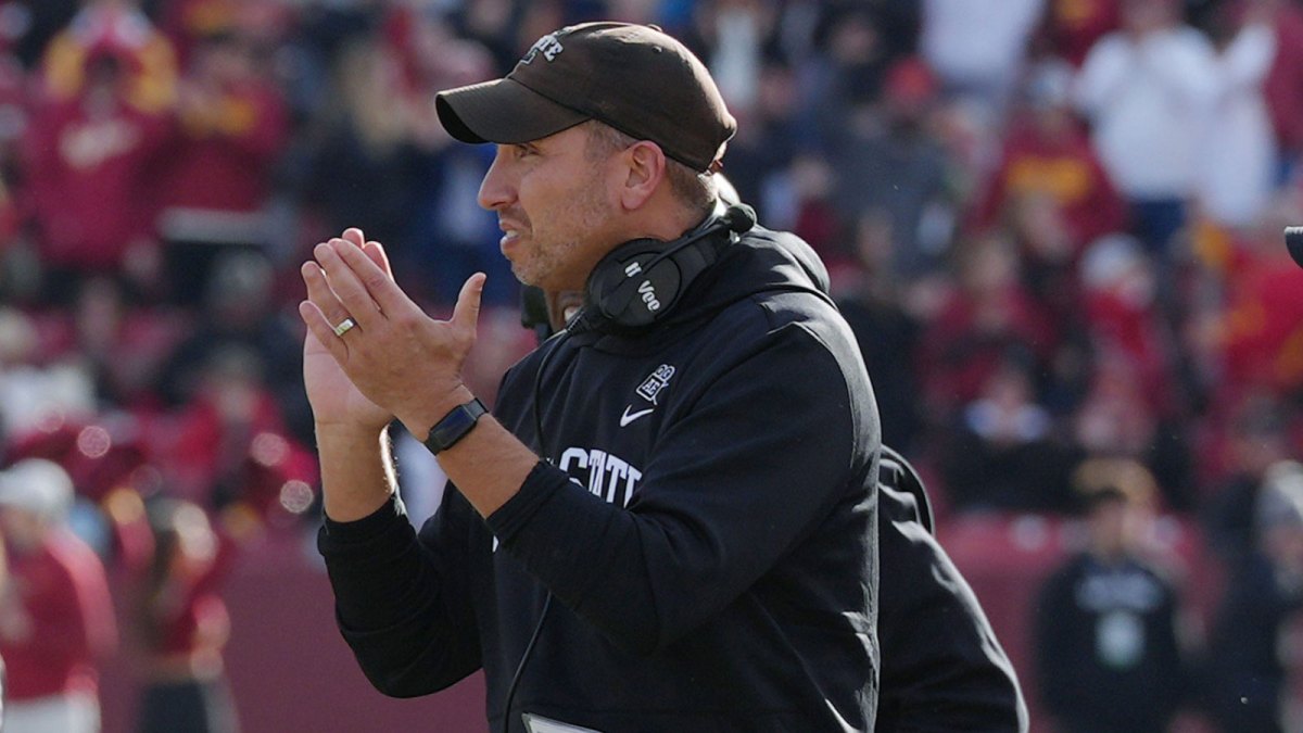 Iowa State head coach Matt Campbell celebrates after an interception by defenders against Kansas during the fourth quarter in the senior day on Nov. 22, 2025, at Jack Trice Stadium in Ames, Iowa