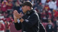 Iowa State head coach Matt Campbell celebrates after an interception by defenders against Kansas during the fourth quarter in the senior day on Nov. 22, 2025, at Jack Trice Stadium in Ames, Iowa