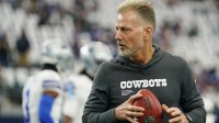 Dallas Cowboys defensive coordinator Matt Eberflus looks on during warmups before the game against the New York Giants at AT&T Stadium.