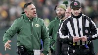 Green Bay Packers head coach Matt Lafleur yells oat an official after cornerback Keisean Nixon (25) was given a personal foul penalty during the second quarter of their game against the Chicago Bears Sunday, December 7, 2025 at Lambeau Field in Green Bay, Wisconsin.
