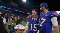 Buffalo Bills quarterback Josh Allen chats with Matt Prater who won the game with his field goal attempt. Prater received a Sunday Night football after the game at Highmark Stadium in Orchard Park on Sept. 7, 2025.