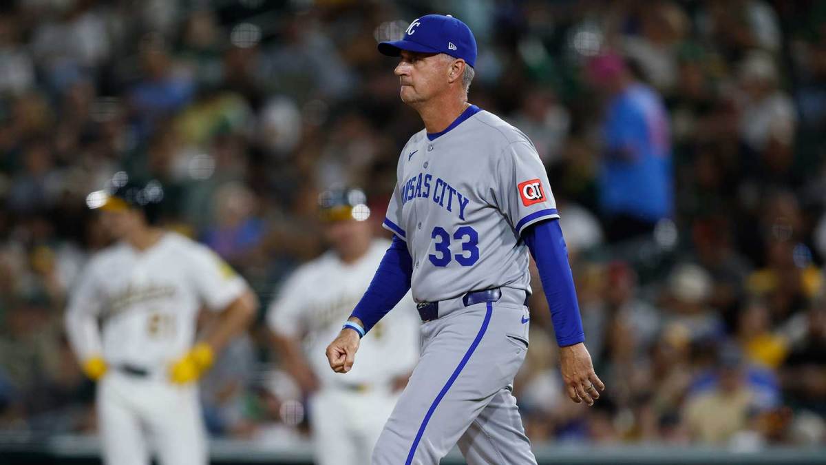 Kansas City Royals manager Matt Quatraro (33) walks to the mound for a pitching change during the fifth inning against the Athletics at Sutter Health Park.