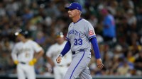 Kansas City Royals manager Matt Quatraro (33) walks to the mound for a pitching change during the fifth inning against the Athletics at Sutter Health Park.