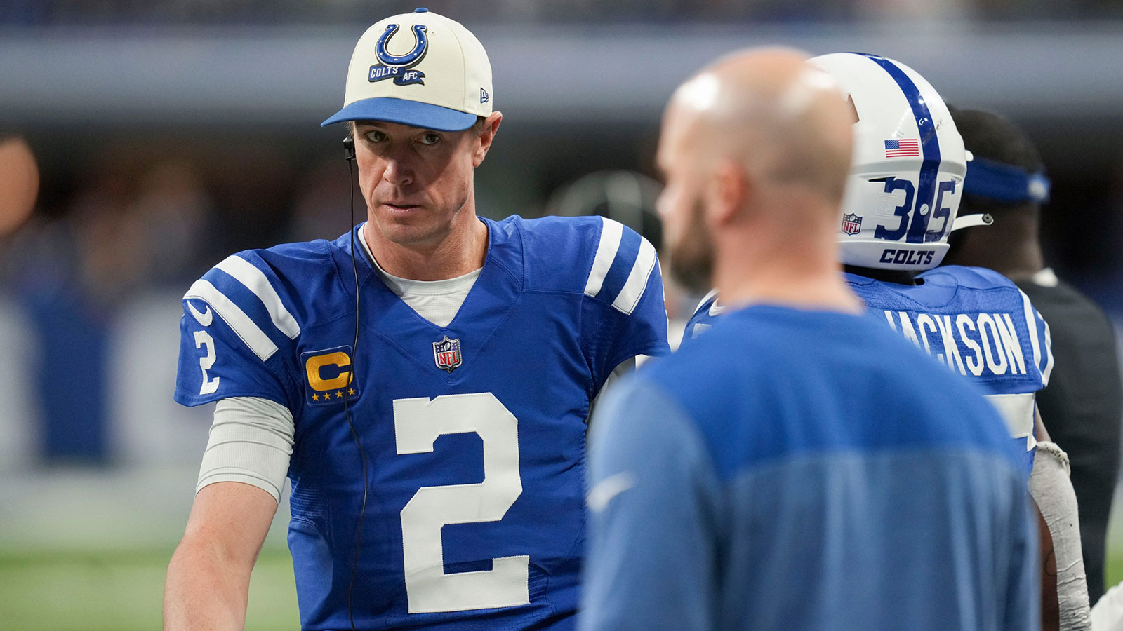 Indianapolis Colts quarterback Matt Ryan (2) walks on the sideline Sunday, Jan. 8, 2023, during a game against the Houston Texans at Lucas Oil Stadium in Indianapolis.