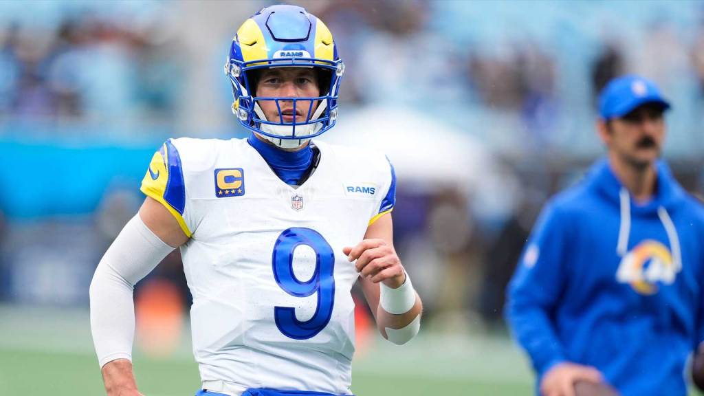 Los Angeles Rams quarterback Matthew Stafford (9) looks on before the game against the Carolina Panthers at Bank of America Stadium.