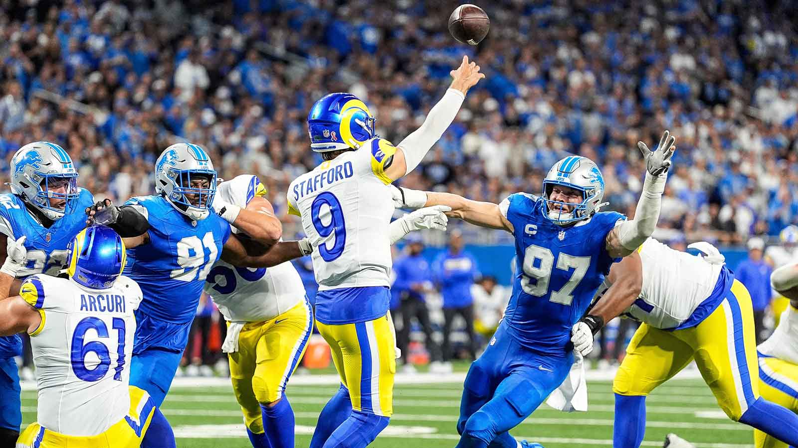 Detroit Lions defensive end Aidan Hutchinson pressures Los Angeles Rams quarterback Matthew Stafford during the second half at Ford Field in Detroit on Sunday, September 8, 2024.