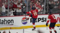 Florida Panthers forward Matthew Tkachuk (19) celebrates scoring during the first period against the Edmonton Oilers in game four of the 2025 Stanley Cup Final at Amerant Bank Arena.