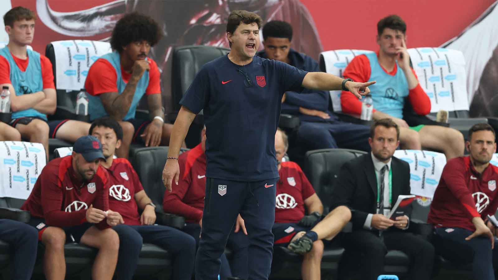 US Men's National Team head coach Mauricio Pochettino reacts during the first half against South Korea at Sports Illustrated Stadium.