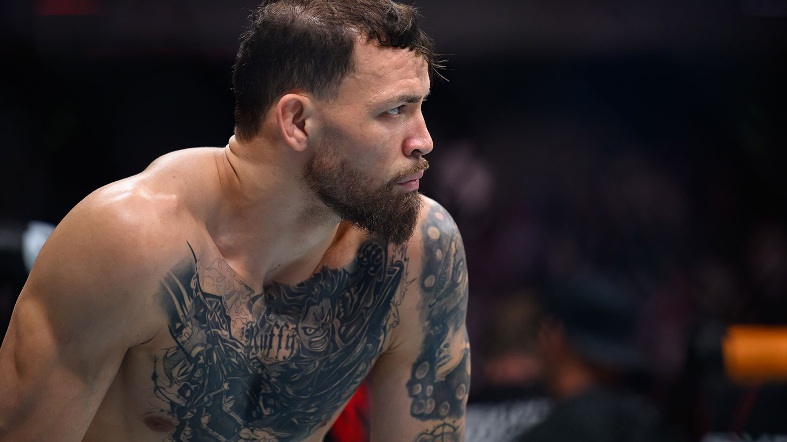 Mauricio Ruffy (blue gloves) before the against Benoit Saint Denis (red gloves) during UFC Fight Night at Accor Arena.