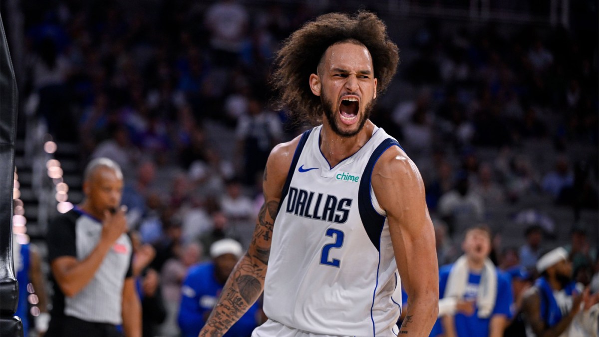 Dallas Mavericks center Dereck Lively II (2) celebrates after he dunks the ball during the game between the Dallas Mavericks and the Oklahoma City Thunder at Dickie's Arena.