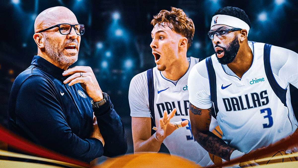 On left, Mavericks Jason Kidd looking serious. On right, need Mavericks Cooper Flagg and Mavericks Anthony Davis both playing basketball.