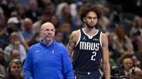 Mavericks head coach Jason Kidd and center Dereck Lively II (2) look on during the second half against the LA Clippers in an NBA Cup game at the American Airlines Center