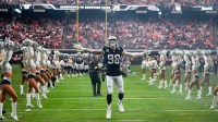 Las Vegas Raiders defensive end Maxx Crosby (98) takes the field prior to a game against the Denver Broncos at Allegiant Stadium.