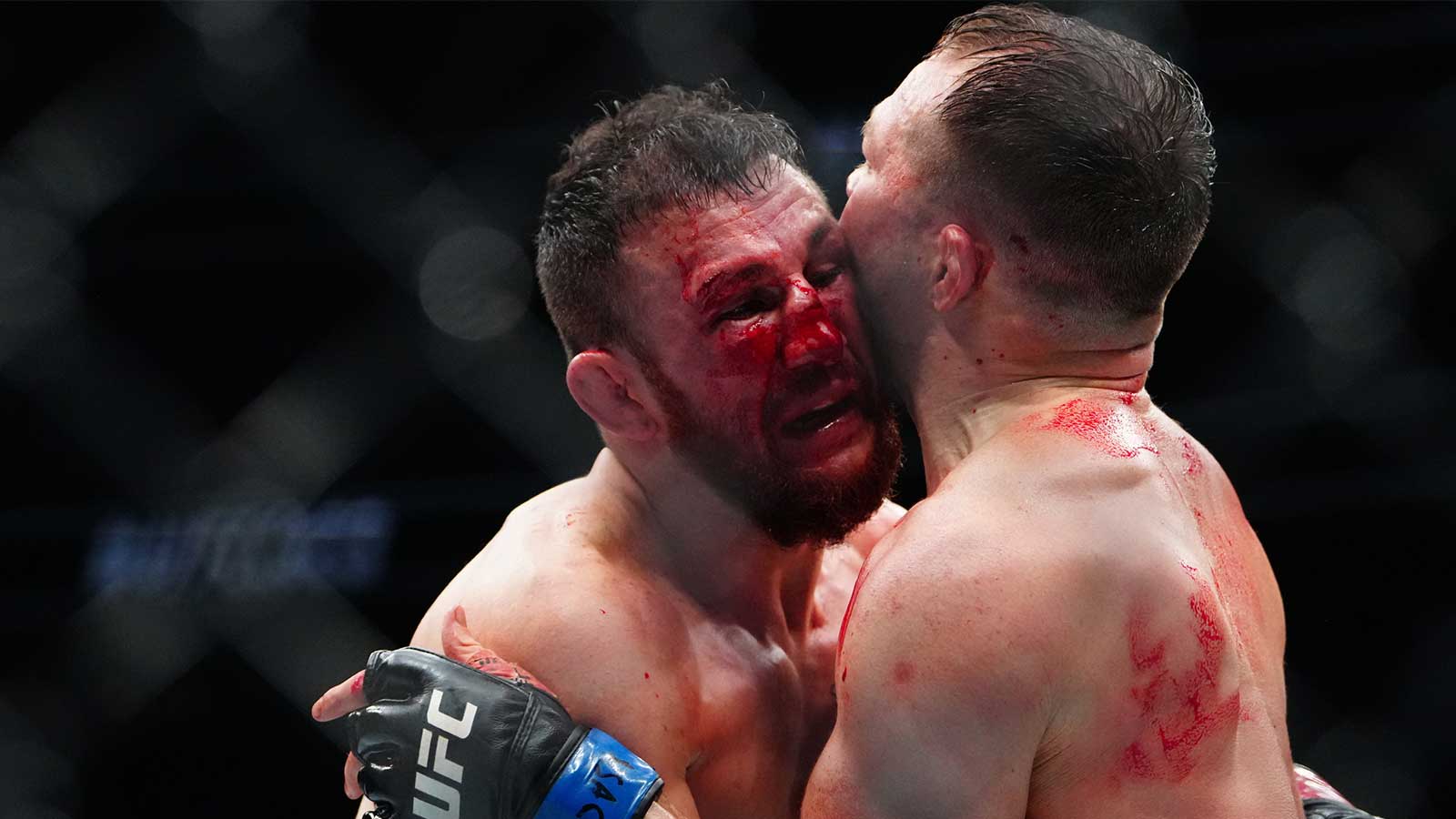 (Editors Note: Graphic Content) Merab Dvalishvili (red gloves) fights Petr Yan (blue gloves) during UFC 323 at T-Mobile Arena.