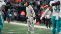 Miami Dolphin's head coach Mike McDaniel stands on the field during a week 14 football game between the New York Jets and Miami Dolphins at MetLife Stadium on Sunday, Dec. 7, 2025.