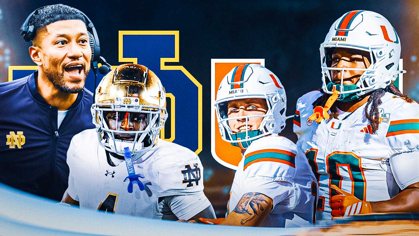 Marcus Freeman, Jeremiyah Love, Notre Dame logo on one side. Cardon Beck, Malachi Toney, Miami (FL) logo on the other side