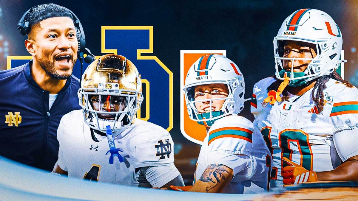 Marcus Freeman, Jeremiyah Love, Notre Dame logo on one side. Cardon Beck, Malachi Toney, Miami (FL) logo on the other side