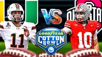 Carson Beck on the left with the Miami logo behind him. Julian Sayin on the right with the Ohio State Logo. VS in the middle. Cotton Bowl Logo in lower center or background