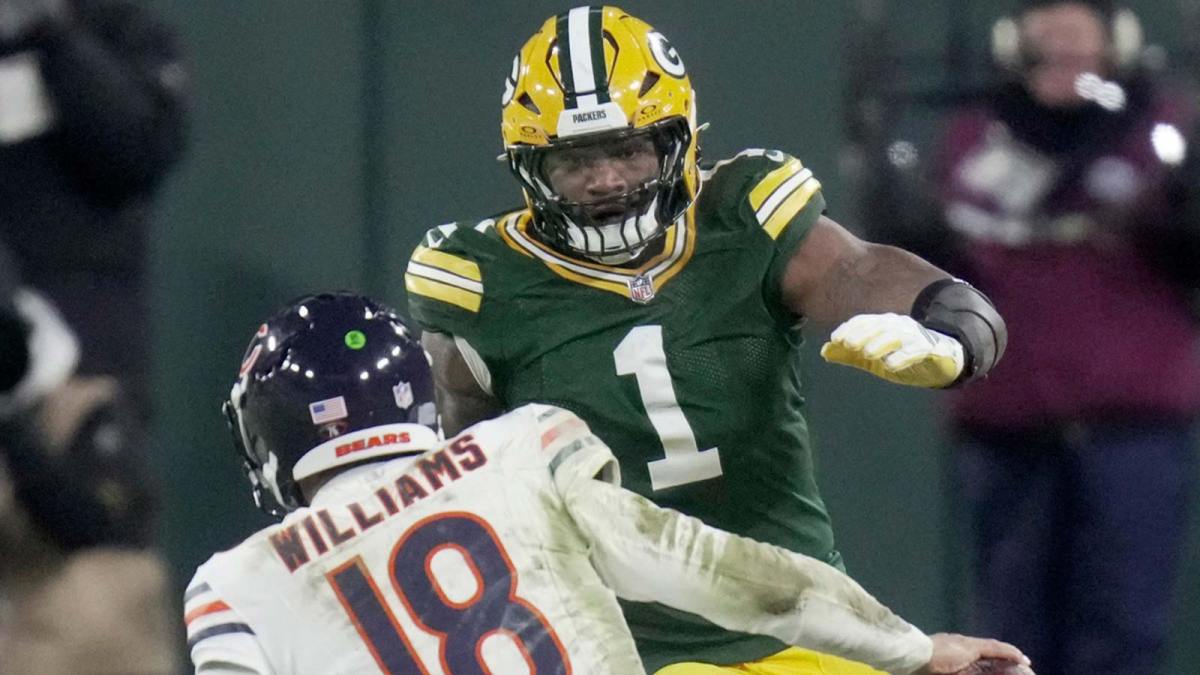 Green Bay Packers defensive end Micah Parsons (1) pressures Chicago Bears quarterback Caleb Williams (18) during the fourth quarter of their game Sunday, December 7, 2025 at Lambeau Field in Green Bay, Wisconsin. The Green Bay Packers beat the Chicago Bears 28-21.