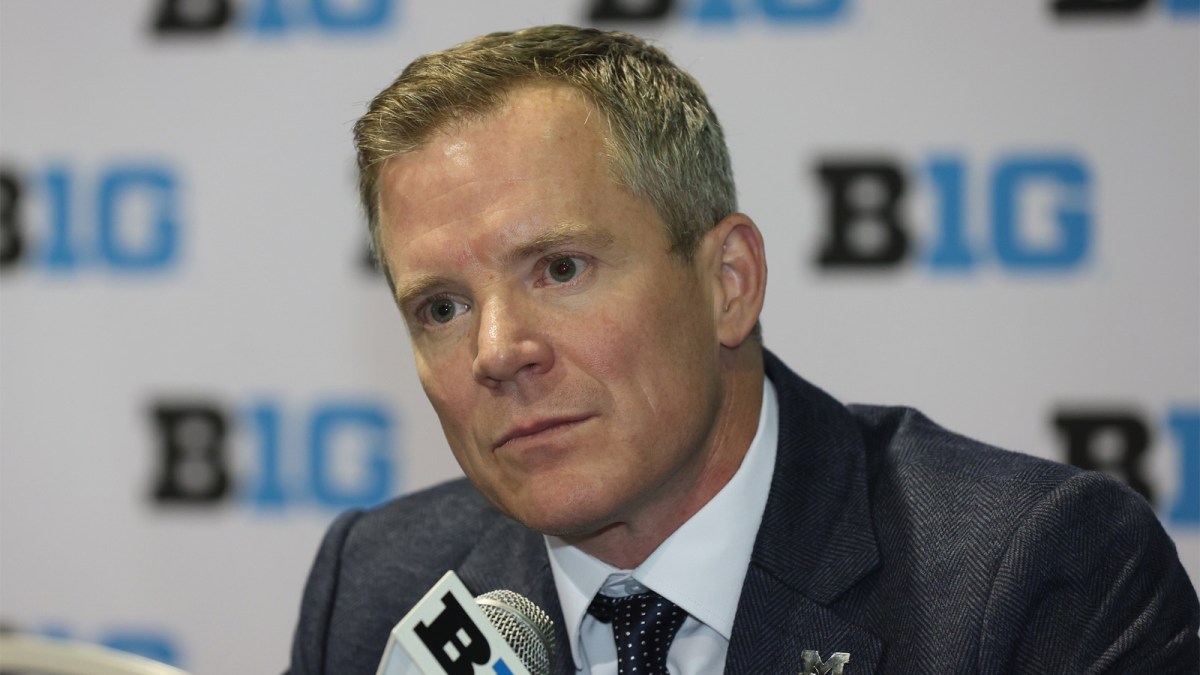 Michigan head coach Dusty May speaks during Big Ten Men’s Basketball Media Days at the Donald E. Stephens Convention Center.