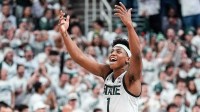 Michigan State guard Jeremy Fears Jr. (1) celebrates a play against Duke during the first half at Breslin Center in East Lansing on Saturday, Dec. 6, 2025. © Junfu Han / USA TODAY NETWORK via Imagn Images