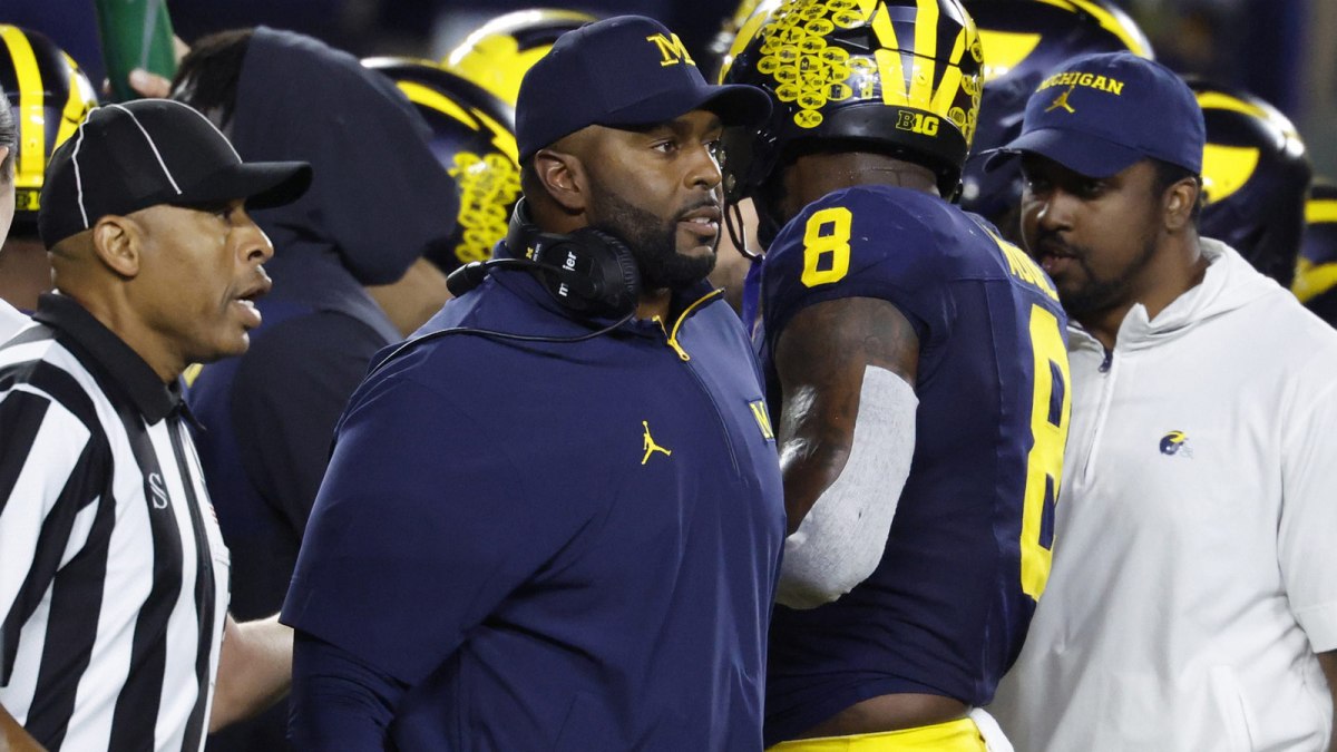 Michigan Wolverines head coach Sherone Moore reacts on the sideline in the second half against the New Mexico Lobos at Michigan Stadium.