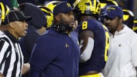 Michigan Wolverines head coach Sherone Moore reacts on the sideline in the second half against the New Mexico Lobos at Michigan Stadium.