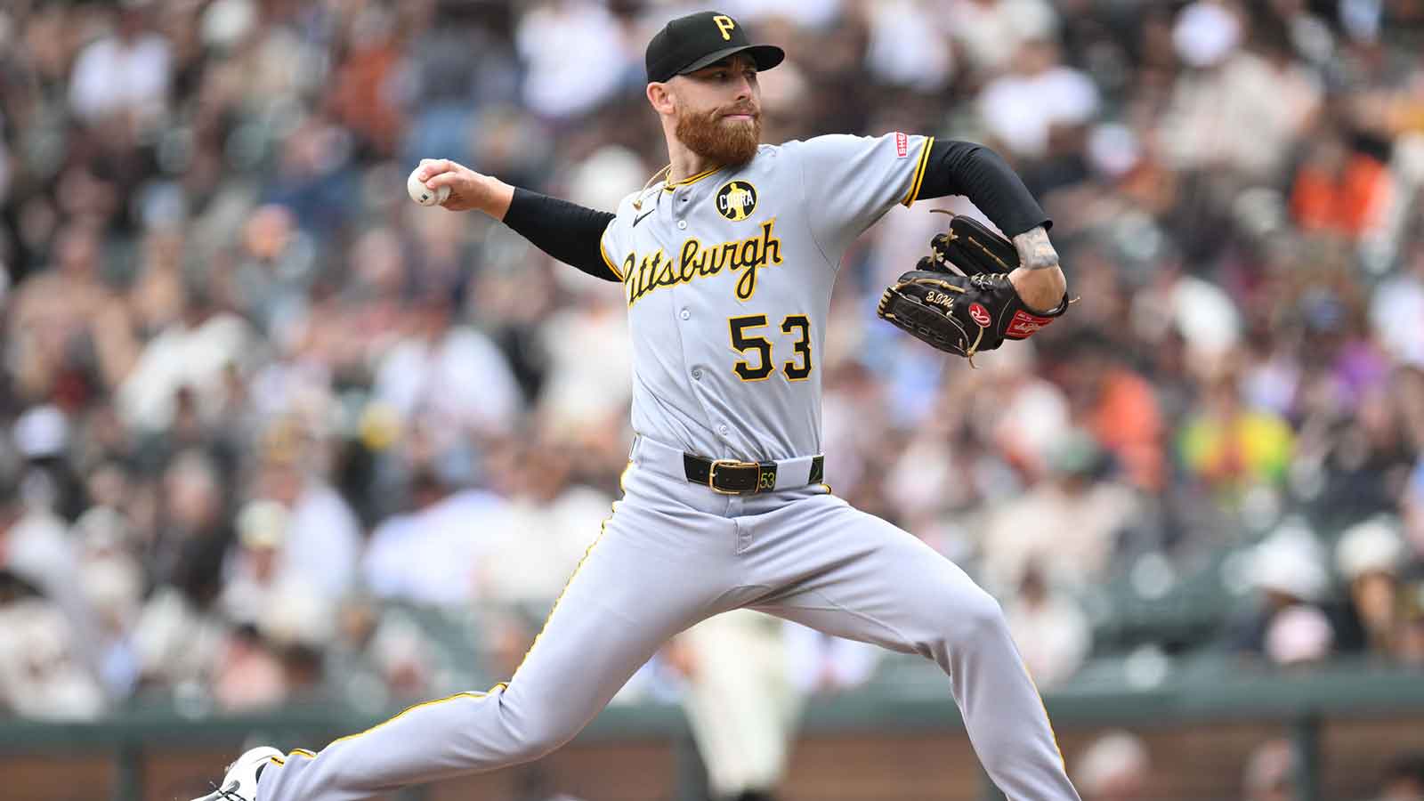 Pittsburgh Pirates starting pitcher Mike Burrows (53) throws against the San Francisco Giants in the first inning at Oracle Park.