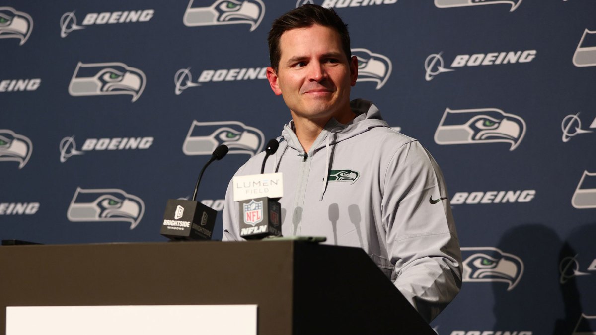 Seattle Seahawks head coach Mike MacDonald speaks in a press conference after defeating the Los Angeles Rams at Lumen Field.