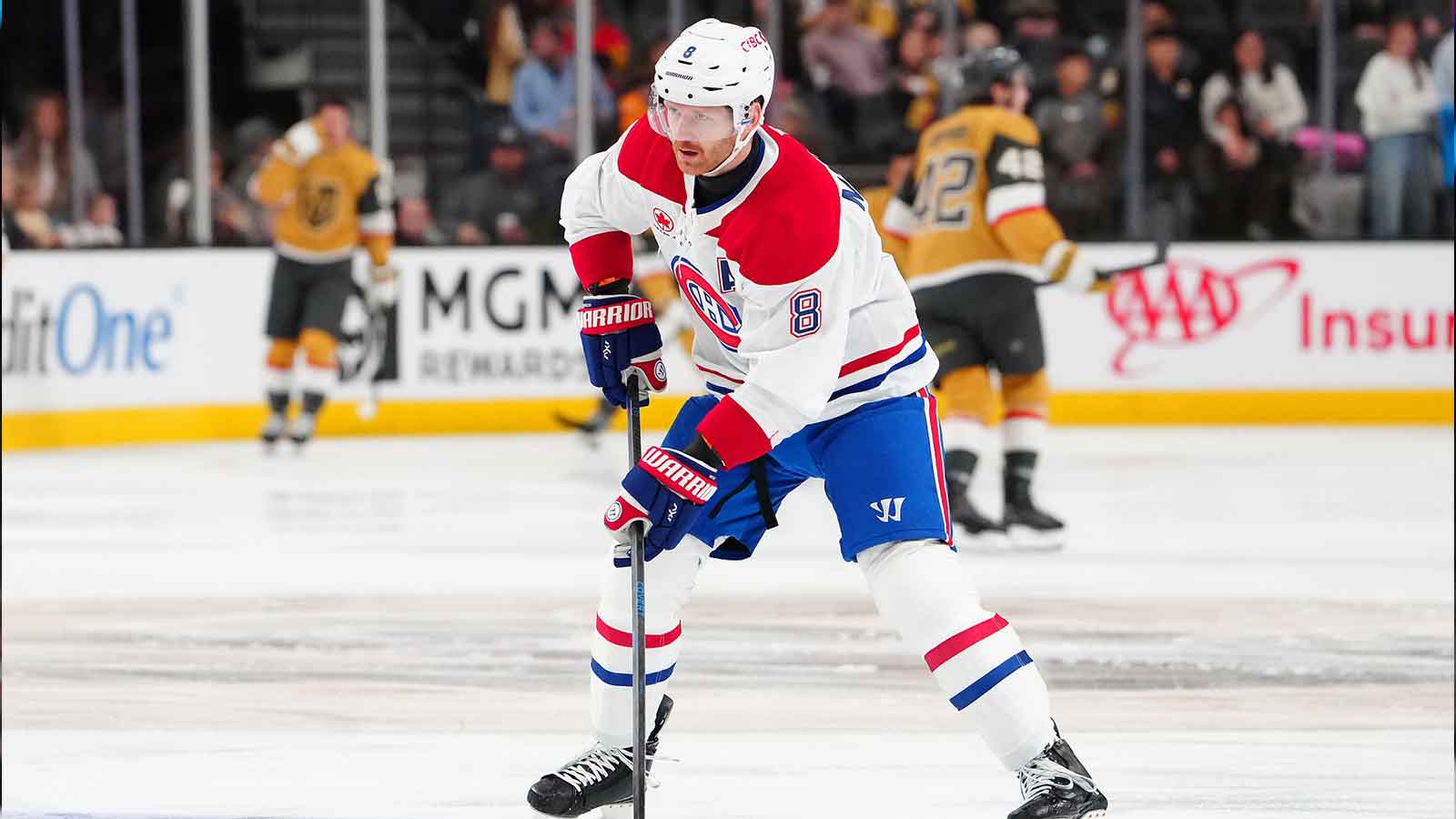 MontrÈal Canadiens defenseman Mike Matheson (8) warms up before a game against the Vegas Golden Knights at T-Mobile Arena.
