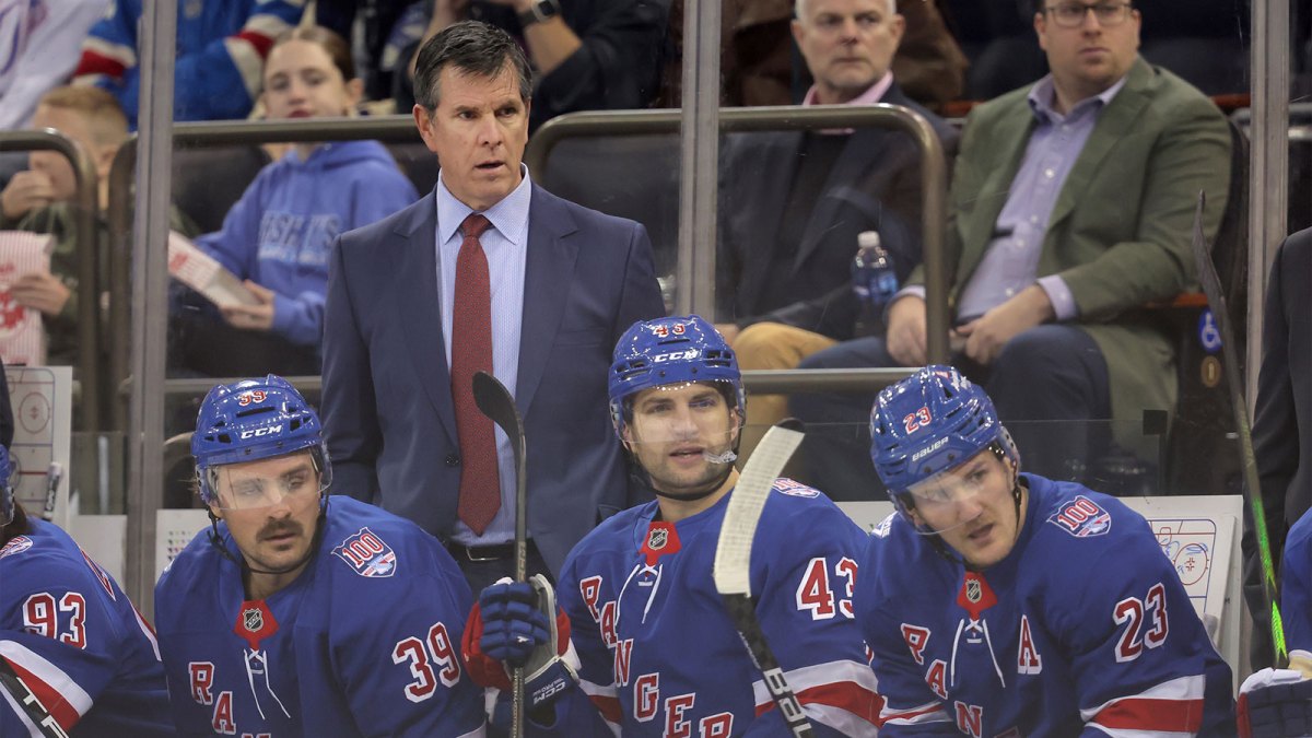 New York Rangers head coach Mike Sullivan coaches against the Nashville Predators during the first period at Madison Square Garden.