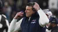 New England Patriots head coach Mike Vrabel reacts during the first quarter of the game against the Baltimore Ravens at M&T Bank Stadium.