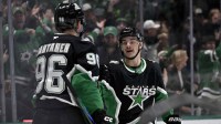 Dallas Stars right wing Mikko Rantanen (96) and center Wyatt Johnston (53) celebrates a goal scored by Johnston against the Ottawa Senators during the second period at the American Airlines Center.