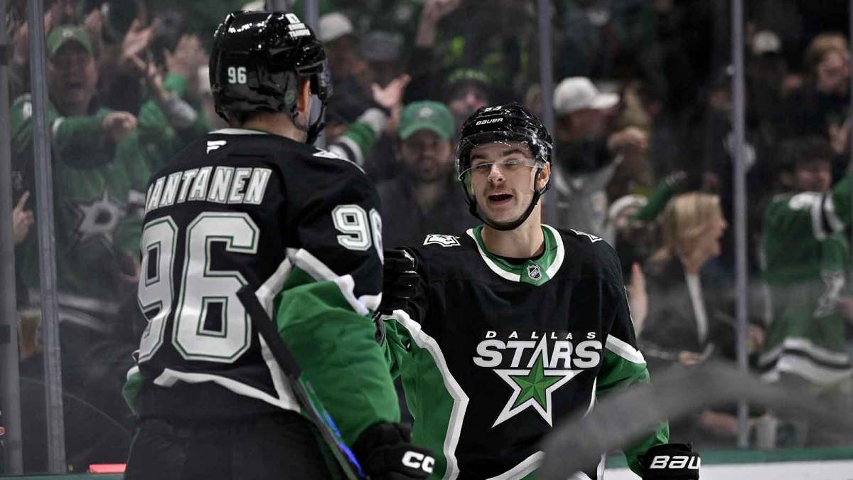 Dallas Stars right wing Mikko Rantanen (96) and center Wyatt Johnston (53) celebrates a goal scored by Johnston against the Ottawa Senators during the second period at the American Airlines Center.