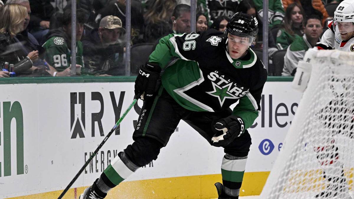 Dallas Stars right wing Mikko Rantanen (96) controls the puck during the game between the Stars and the Senators at the American Airlines Center.