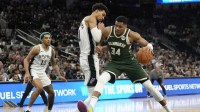 Milwaukee Bucks forward Giannis Antetokounmpo (34) drives to the basket against San Antonio Spurs center Victor Wembanyama (1) during the second half at Frost Bank Center.
