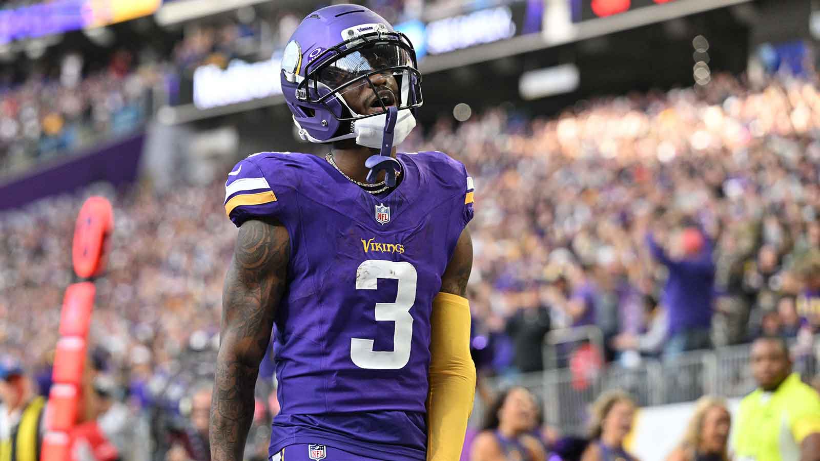 Minnesota Vikings wide receiver Jordan Addison (3) celebrates after scoring a touchdown