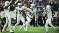 Minnesota Vikings linebacker Andrew van Ginkel (43) celebrates recovering a fumble by against the Detroit Lions in the fourth quarter at U.S. Bank Stadium. Mandatory Credit: Matt Krohn-Imagn Images