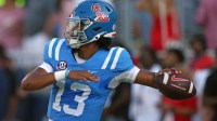 Mississippi Rebels quarterback Austin Simmons (13) passes the ball during warm ups prior to the game against the Arkansas Razorback at Vaught-Hemingway Stadium.