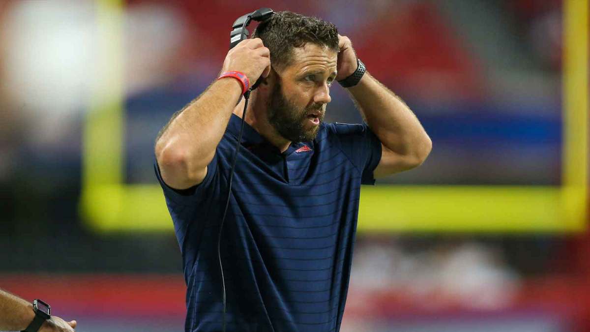 Mississippi Rebels special teams coordinator Coleman Hutzler on the sideline against the Louisville Cardinals in the second half at Mercedes-Benz Stadium.