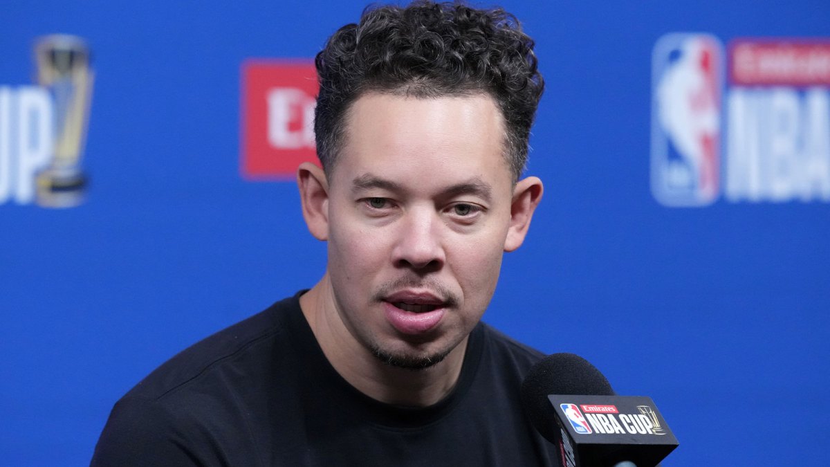 San Antonio Spurs head coach Mitch Johnson at press conference prior to the Emirates Cup semifinals at T-Mobile Arena. Mandatory Credit: Kirby Lee-Imagn Images