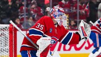 Montreal Canadiens goalie Samuel Montembeault (35) takes shots during warm-up before the game against the Ottawa Senators at Bell Centre