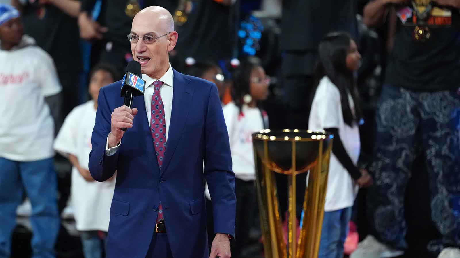 NBA commissioner Adam Silver speak during the Emirates NBA Cup trophy presentation at T-Mobile Arena.