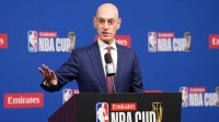 NBA commissioner Adam Silver speaks during press conference at the Emirates NBA Cup Final at T-Mobile Arena.
