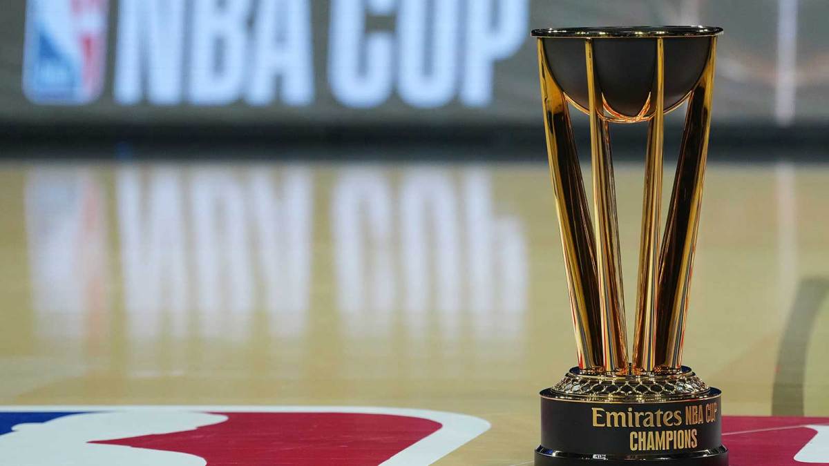 The Emirates NBA Cup champions trophy at the T-Mobile Arena.