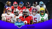 Arvell Reese (ohio State), Rueben Bain (Miami), Ty Simpson (alabama), Fernando Mendoza (Indiana), Dante Moore (Oregon), Jacob Rodriguez (Texas Tech), Zxavian Harris (Ole Miss), John Mateer (Oklahoma), KC Concepcion (Texas A&M), CJ Allen (Georgia), Shadre Hurst (Tulane), Wayne Knight (JMU) all together with NFL Draft logo and College Football Playoff logo front and center.