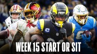49ers RB Christian McCaffrey with Commanders RB Chris Rodriguez, Rams RB Kyren Williams, and Chargers RB Omarion Hampton. There is also text "WEEK 15 START OR SIT"
