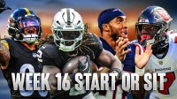Raiders RB Ashton Jeanty with Steelers RB Jaylen Warren, Patriots RB TreVeyon Henderson, and Buccaneers RB Bucky Irving. There is also text "WEEK 16 START OR SIT"