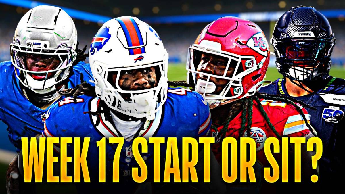 James Cook, Jahmyr Gibbs on one side - Kareem Hunt, Kenneth Walker on the other side - NFL wallpaper background - TEXT: Week 17 Start or Sit?