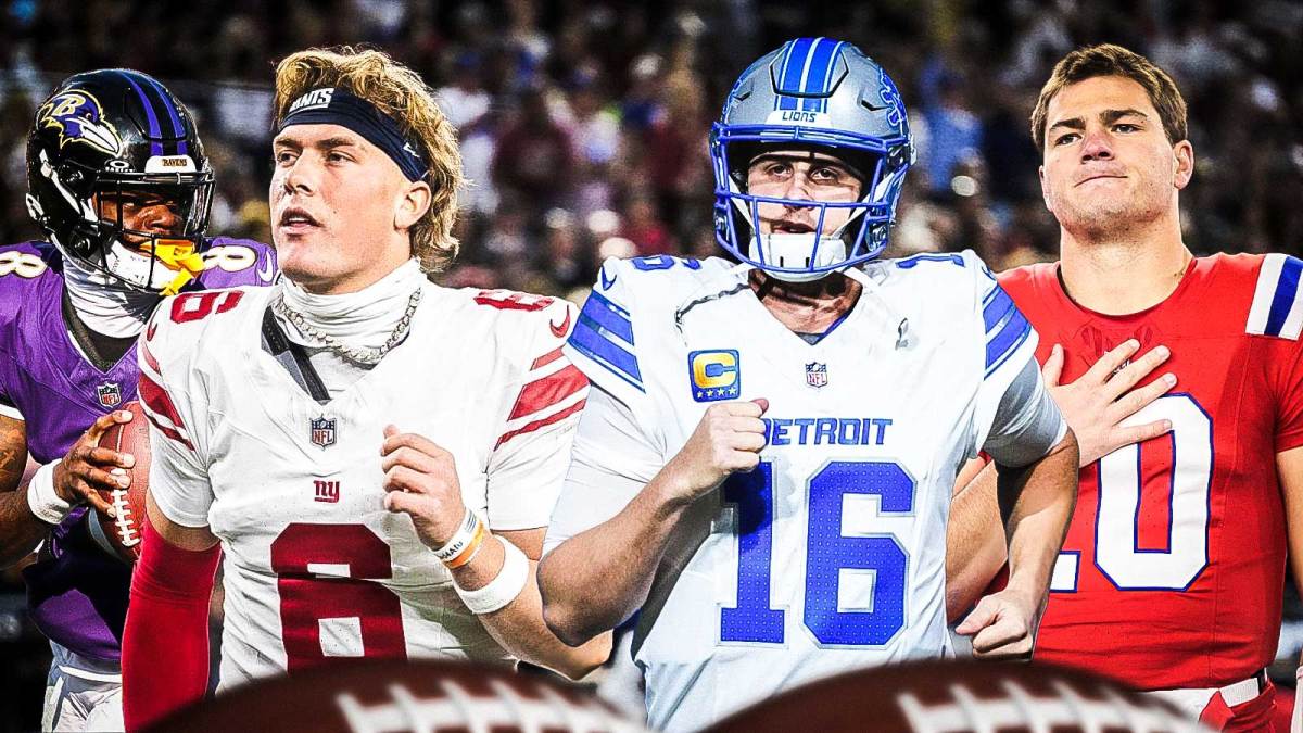 Fantasy football Ravens QB Lamar Jackson, Giants QB Jaxson Dart celebrating on the left. Lions QB Jared Goff, Patriots QB Drake Maye looking down on the right